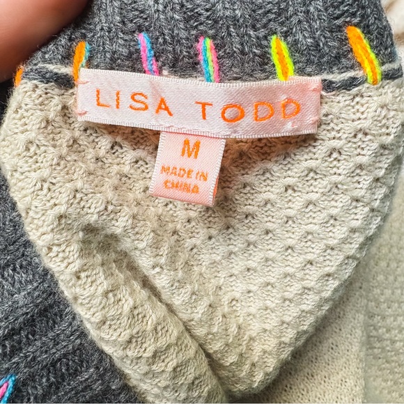 Lisa Todd Cream/Tan & Neon Rainbow Colorblock Border Order Knit Cotton Sweater M - Picture 7 of 8